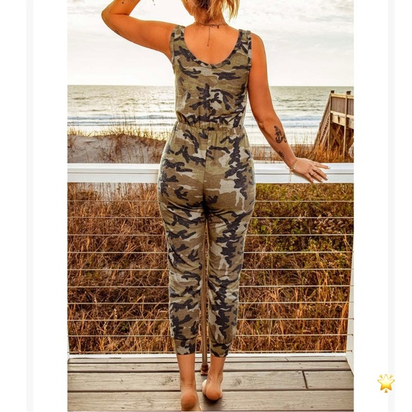SIZE XL ZESICA JUMPSUIT DRAWSTRING WAIST SLEEVELESS ROMPER BROWN CAMOUFLAGE - Picture 7 of 13
